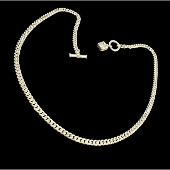 Necklace Sterling Silver Round Chain Link Square Cubic Zirconia Pendant Toggle - Picture 6 of 7